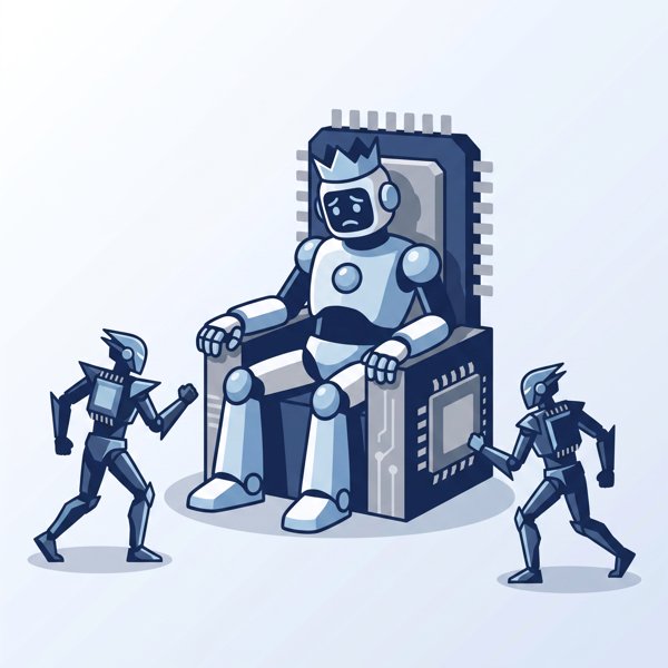 Dominant robot on a throne looking worried as two challengers approach