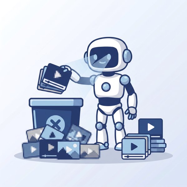 Robot sorting through low-quality video content putting some in a reject bin