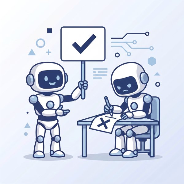 Reviewer robot holding a correct answer sign while solver robot ignores it
