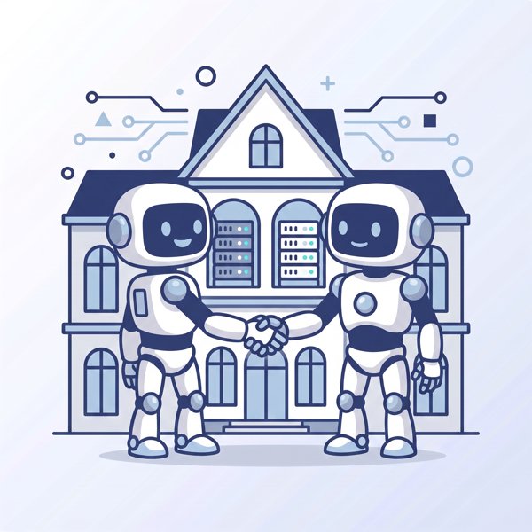 Two robots shaking hands in front of a European building with servers inside