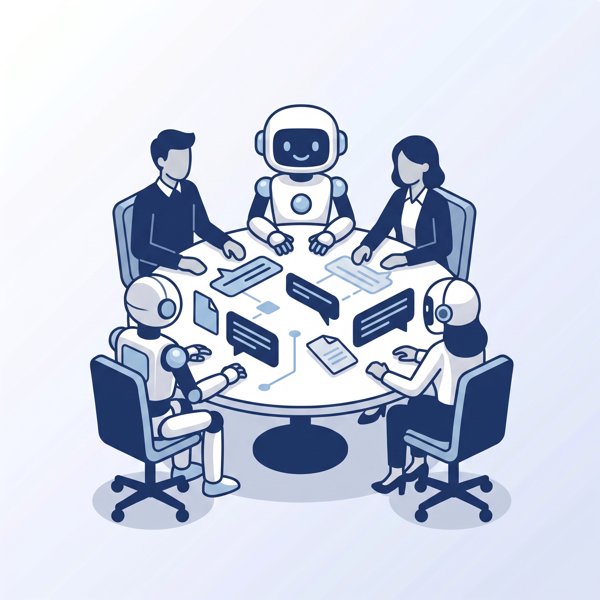 Robot at a group chat table with humans and other robots collaborating