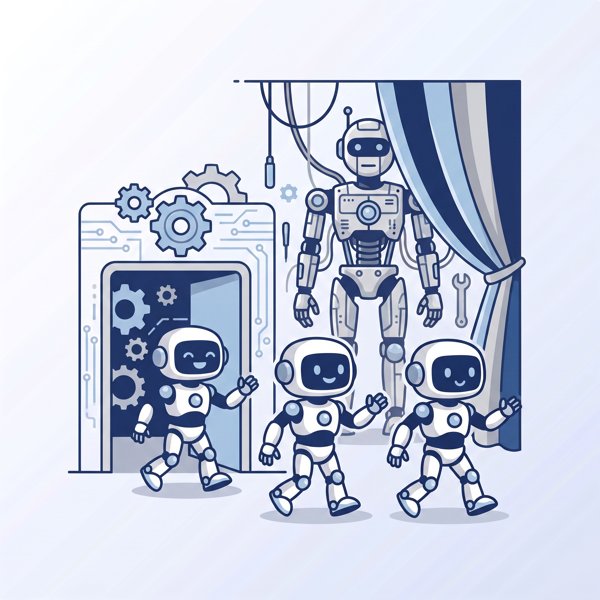 Three new smaller robots emerging from a workshop with a larger robot under construction behind a curtain