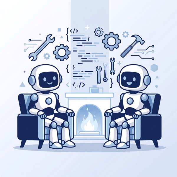 Two robots sitting by a fireplace having a conversation about code and tools