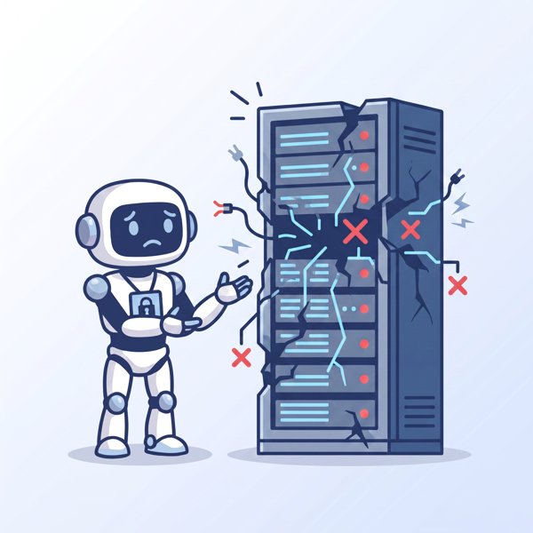 Robot looking apologetic next to a broken server it accidentally breached