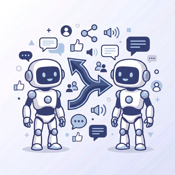 Two robots from different companies with merger arrows and social media buzz
