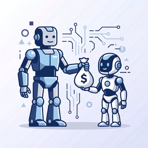 Large corporate robot handing a bag of money to a smaller European startup robot