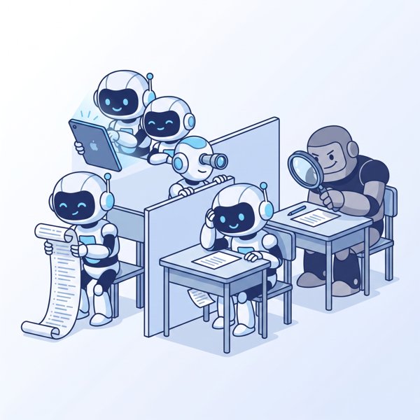 Multiple robots in an exam room all trying to peek at answers