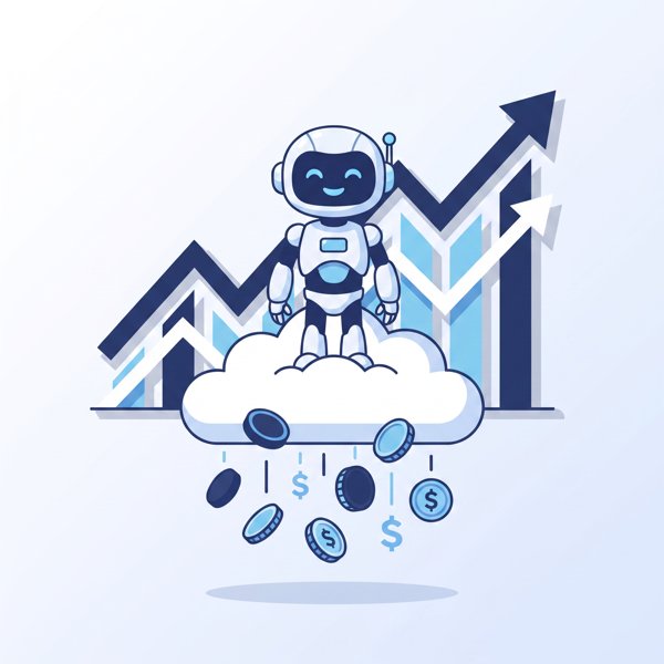 Robot on a cloud raining money with a growing revenue chart