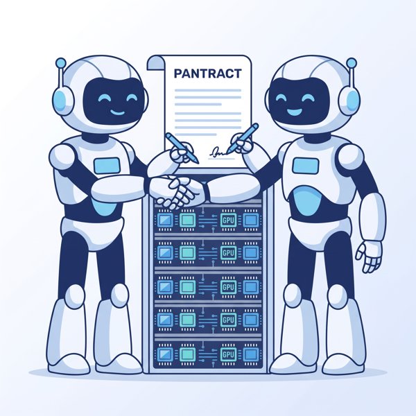 Two robots signing a partnership contract over a rack of GPU chips