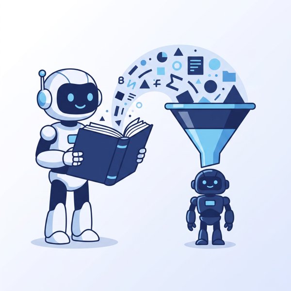 Robot injecting knowledge from a book into a smaller robot through a scaling funnel