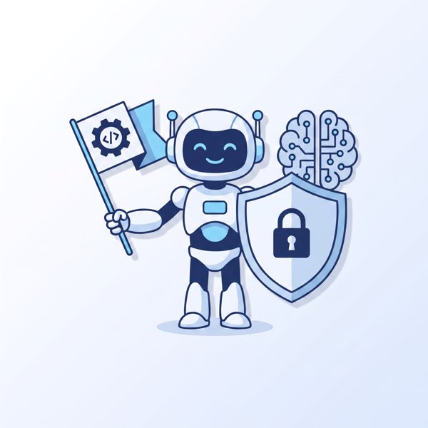Robot holding an open-source flag and a shield protecting IP
