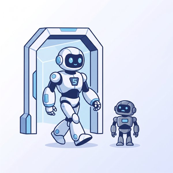 New powerful robot with a 5 badge emerging from a lab next to an older model