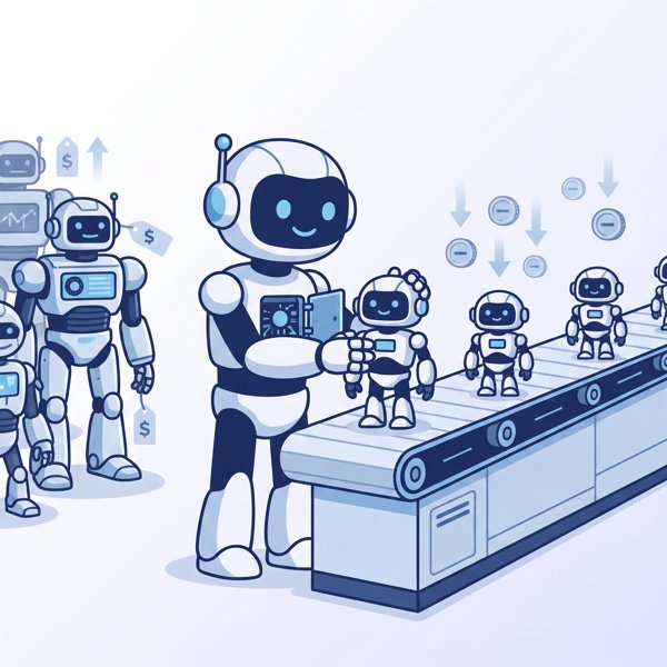 Large corporate robot building cheaper in-house robots on an assembly line