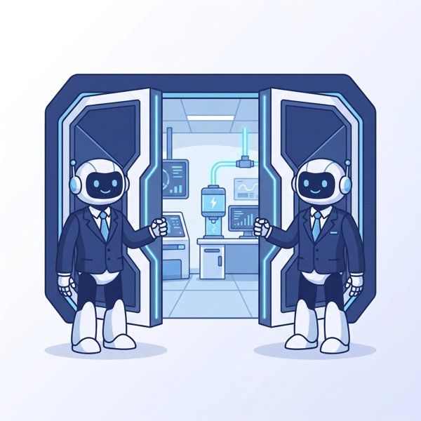 Two experienced robots in business attire opening the doors of a new lab