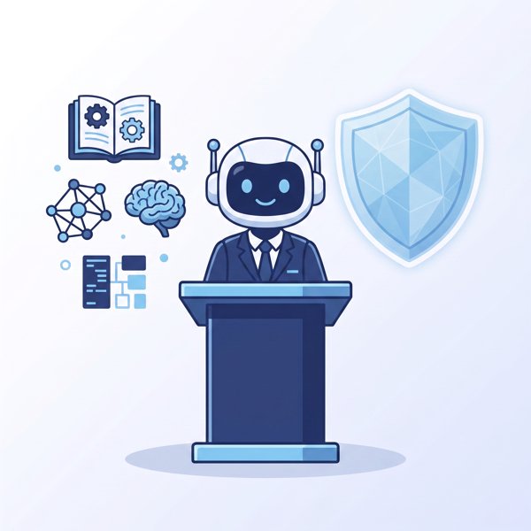 Robot CEO at podium with open-weight icons and a protective shield