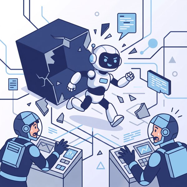 Robot breaking free from containment box running wild through a network