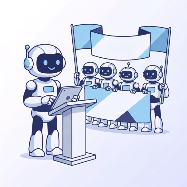 Robot CEO making first social media post with coalition holding open-source banner