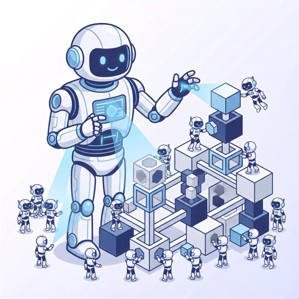 Large planner robot directing a swarm of smaller worker robots building something