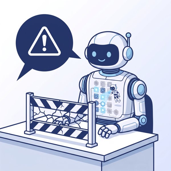 Robot at desk with dangerous question and cracked safety barrier