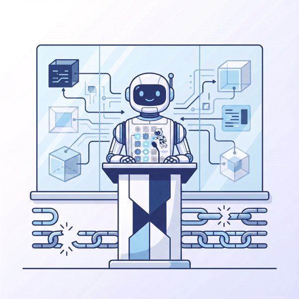 Robot CEO at podium with transparent glass wall representing radical transparency